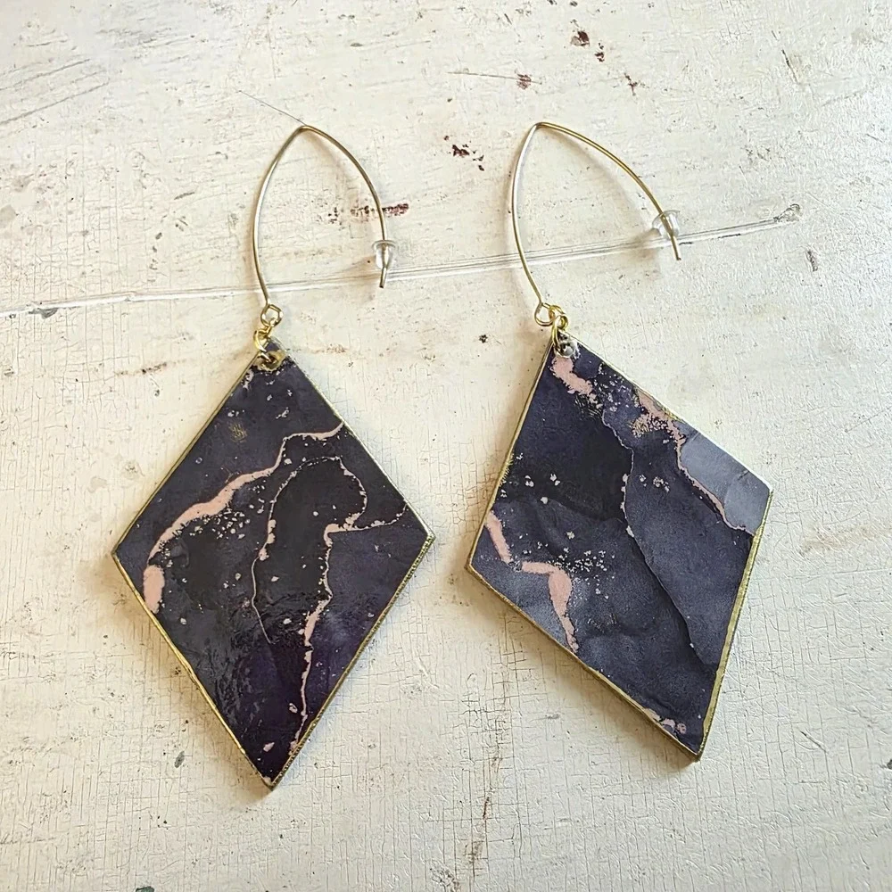 Handmade Abstract Wood Statement Earrings OOAK Galaxy Black Gold Metallic Dangle